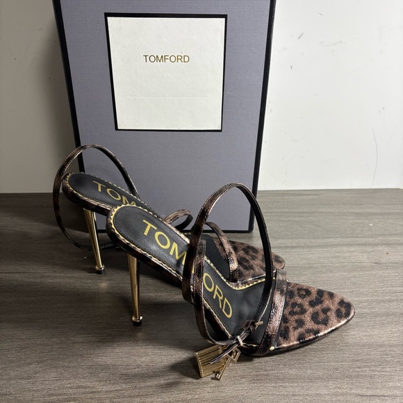 Tom Ford Leopard Print Satin Strappy Heels with Gold Stiletto - Picture 3 of 5